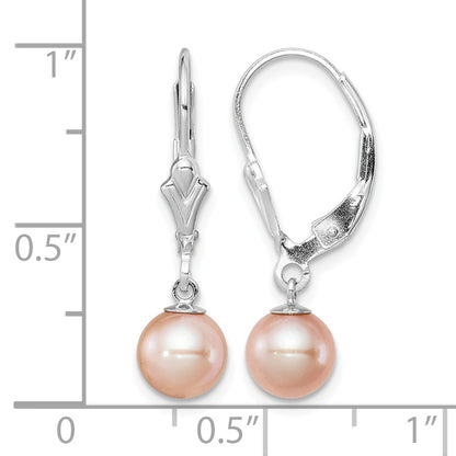 Sterling Silver Rhodium-plated 6-7mm Pink Round Freshwater Cultured Pearl Leverback Dangle Earrings