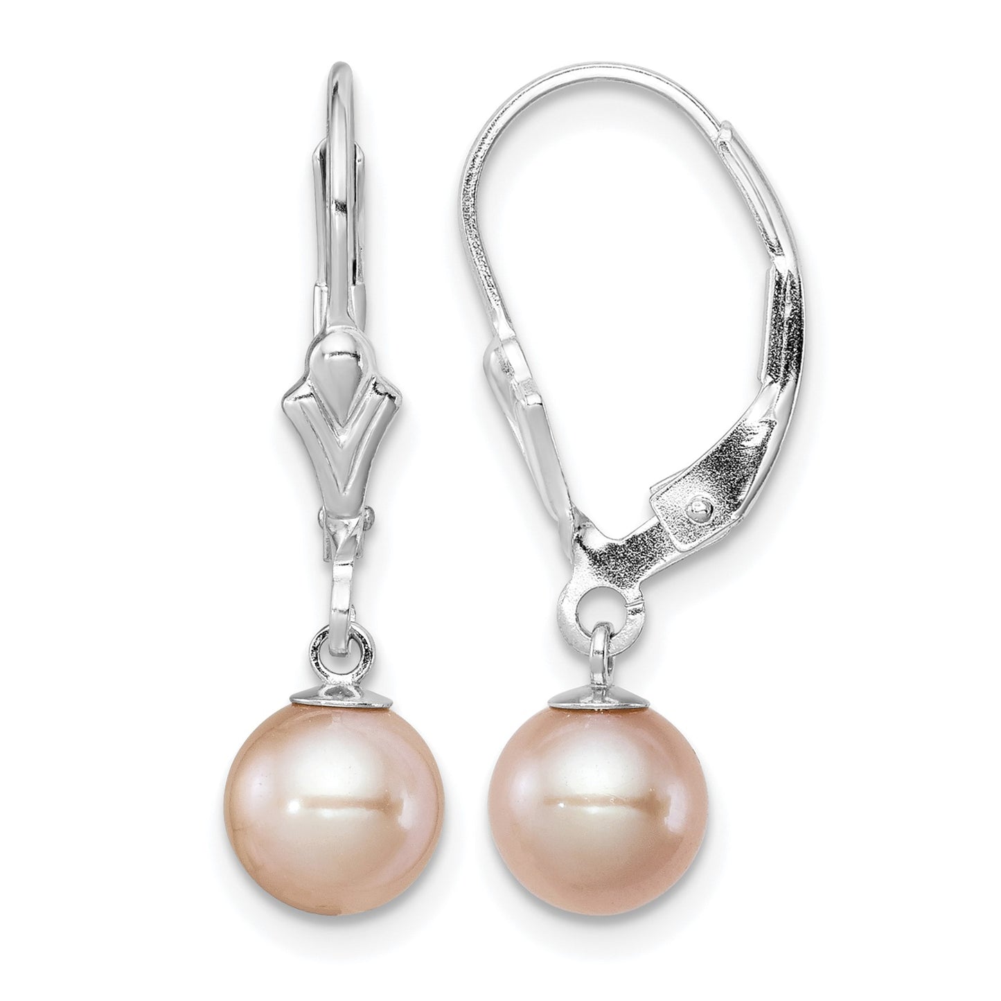 Sterling Silver Rhodium-plated 6-7mm Pink Round Freshwater Cultured Pearl Leverback Dangle Earrings