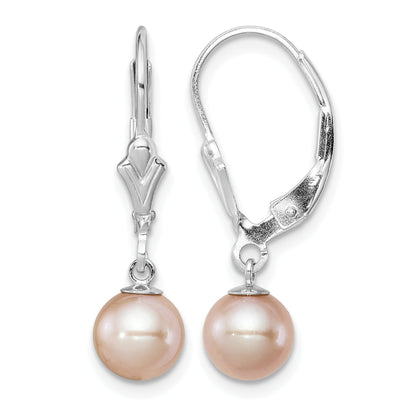Sterling Silver Rhodium-plated 6-7mm Pink Round Freshwater Cultured Pearl Leverback Dangle Earrings