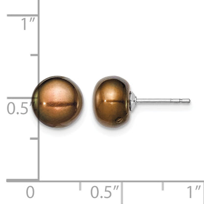 Sterling Silver Rhodium-plated 8-9mm Brown Button Freshwater Cultured Pearl Post Earring