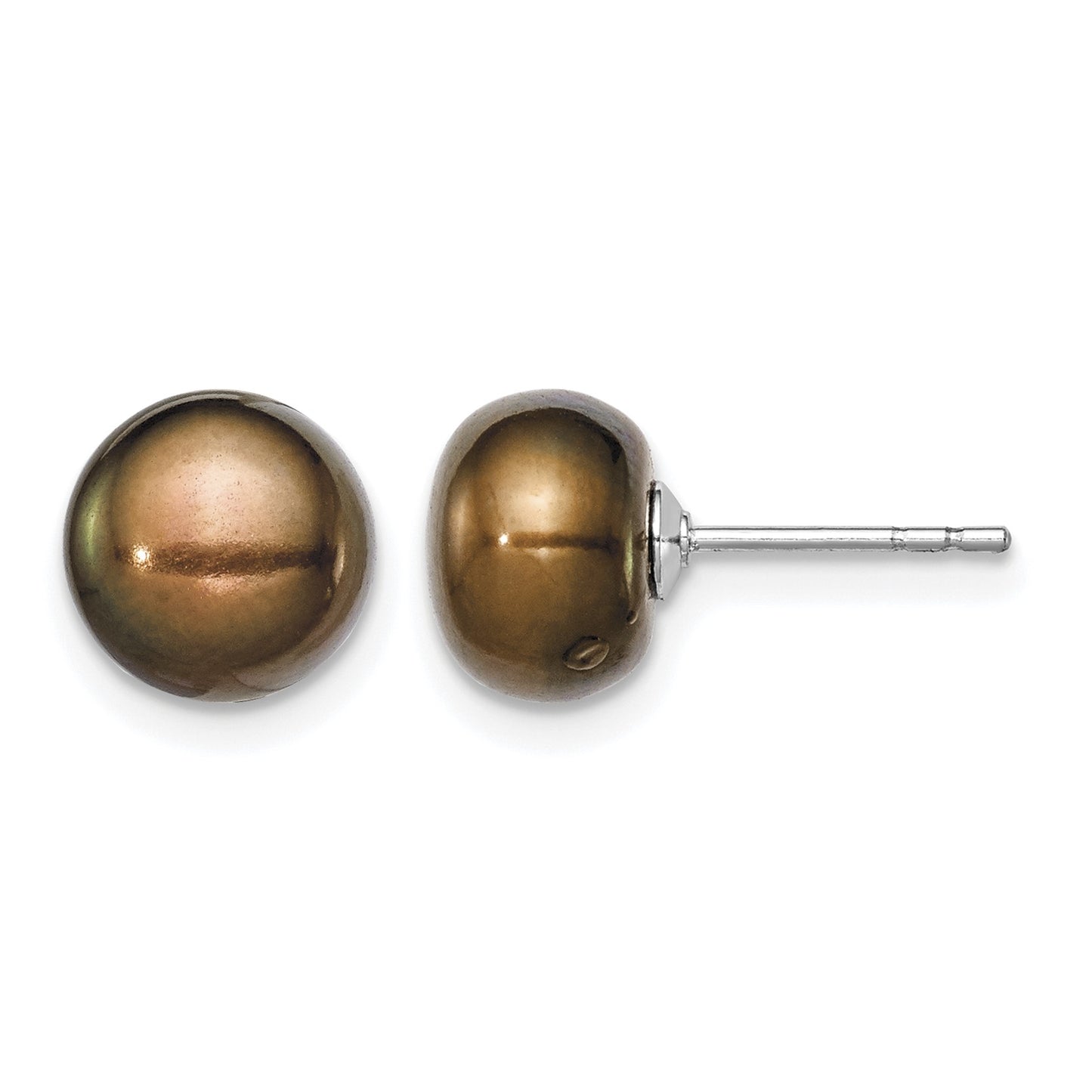 Sterling Silver Rhodium-plated 8-9mm Brown Button Freshwater Cultured Pearl Post Earring