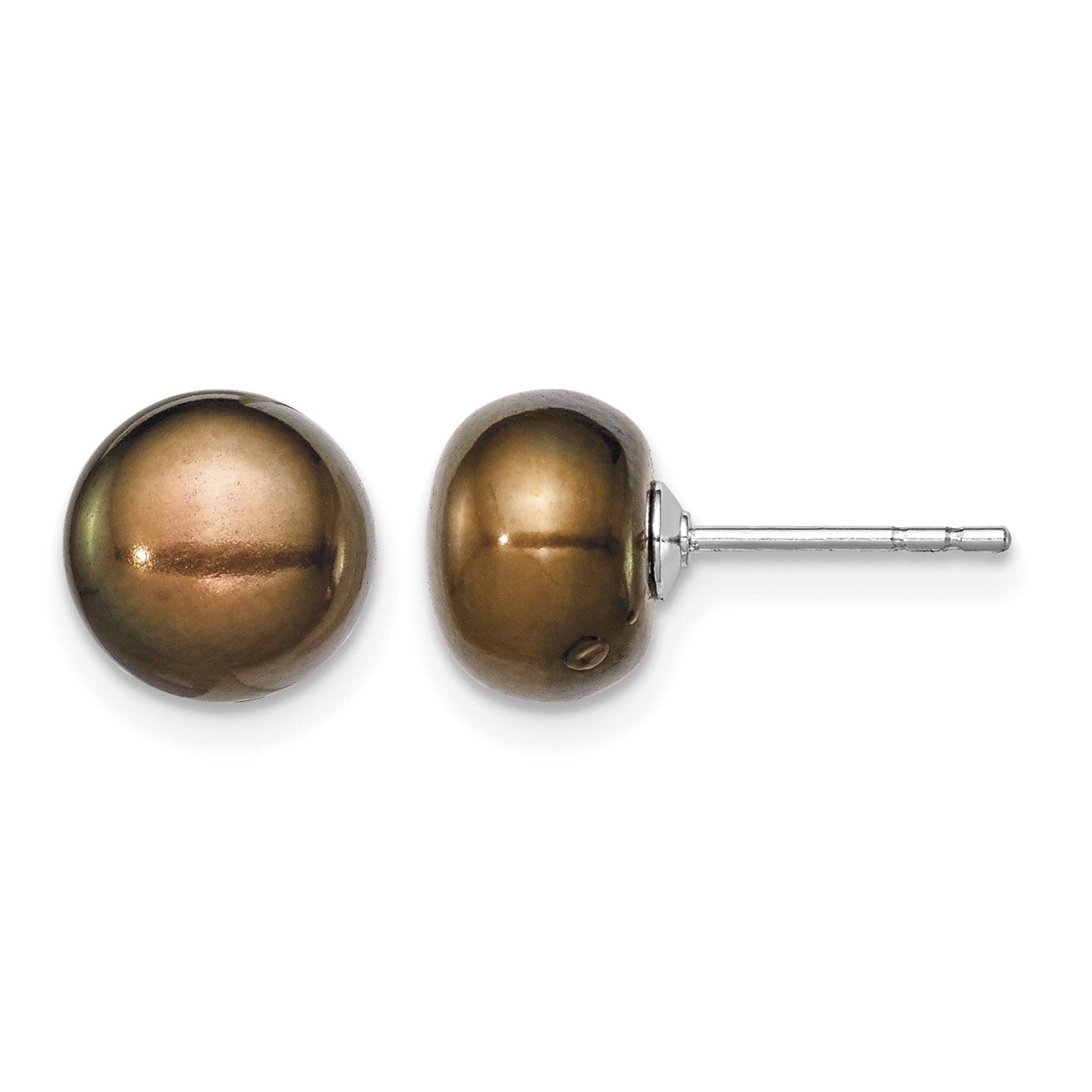 Sterling Silver Rhodium-plated 8-9mm Brown Button Freshwater Cultured Pearl Post Earring