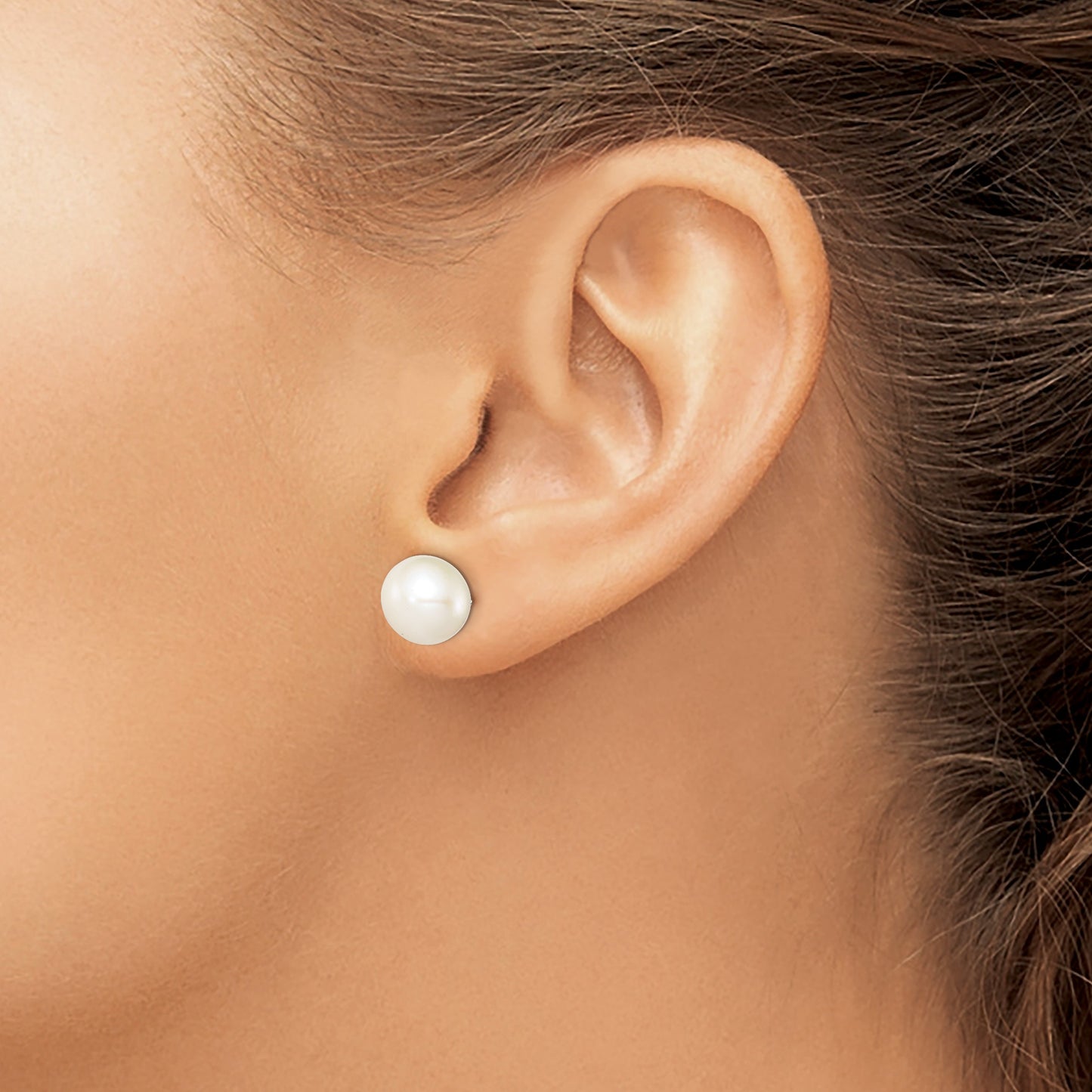 Sterling Silver Rhodium-plated 9-10mm White Button Freshwater Cultured Pearl Post Earrings