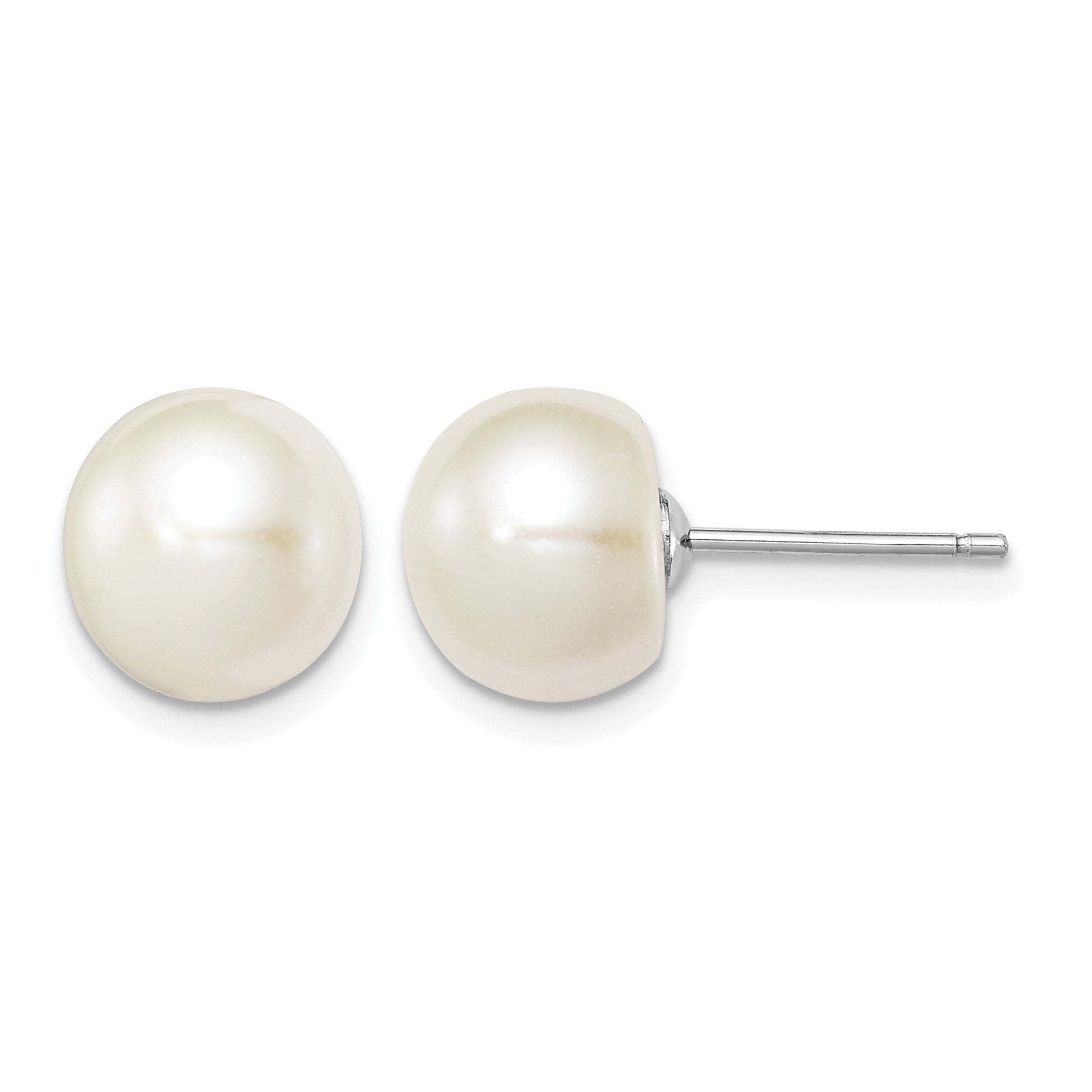 Sterling Silver Rhodium-plated 9-10mm White Button Freshwater Cultured Pearl Post Earrings