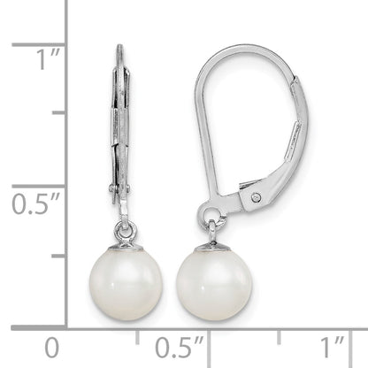 Sterling Silver Rhodium-plated 6-7mm White Round Freshwater Cultured Pearl Leverback Dangle Earrings