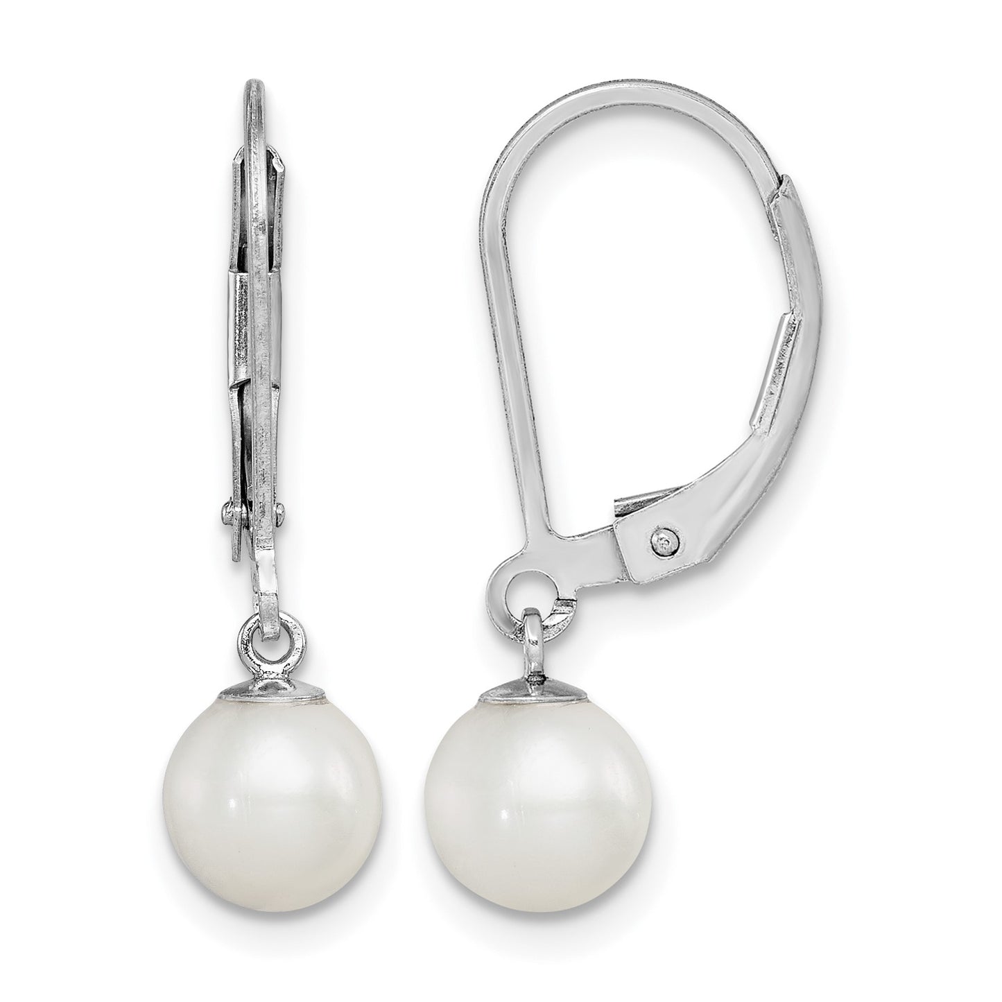 Sterling Silver Rhodium-plated 6-7mm White Round Freshwater Cultured Pearl Leverback Dangle Earrings