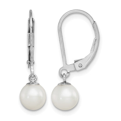 Sterling Silver Rhodium-plated 6-7mm White Round Freshwater Cultured Pearl Leverback Dangle Earrings