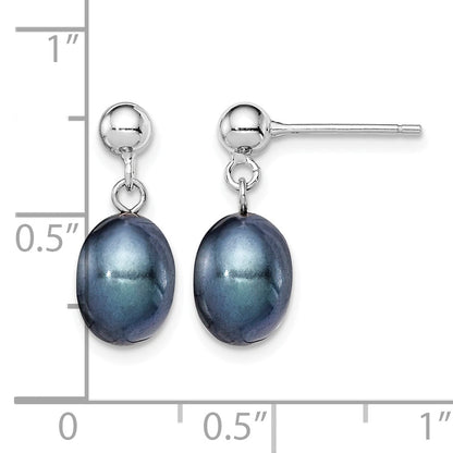 Sterling Silver Rhodium-plated 7-8mm Black Rice Freshwater Cultured Pearl Post Dangle Earrings