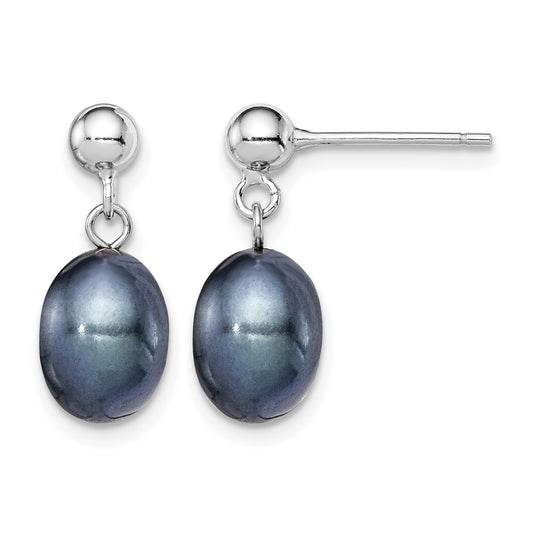 Sterling Silver Rhodium-plated 7-8mm Black Rice Freshwater Cultured Pearl Post Dangle Earrings