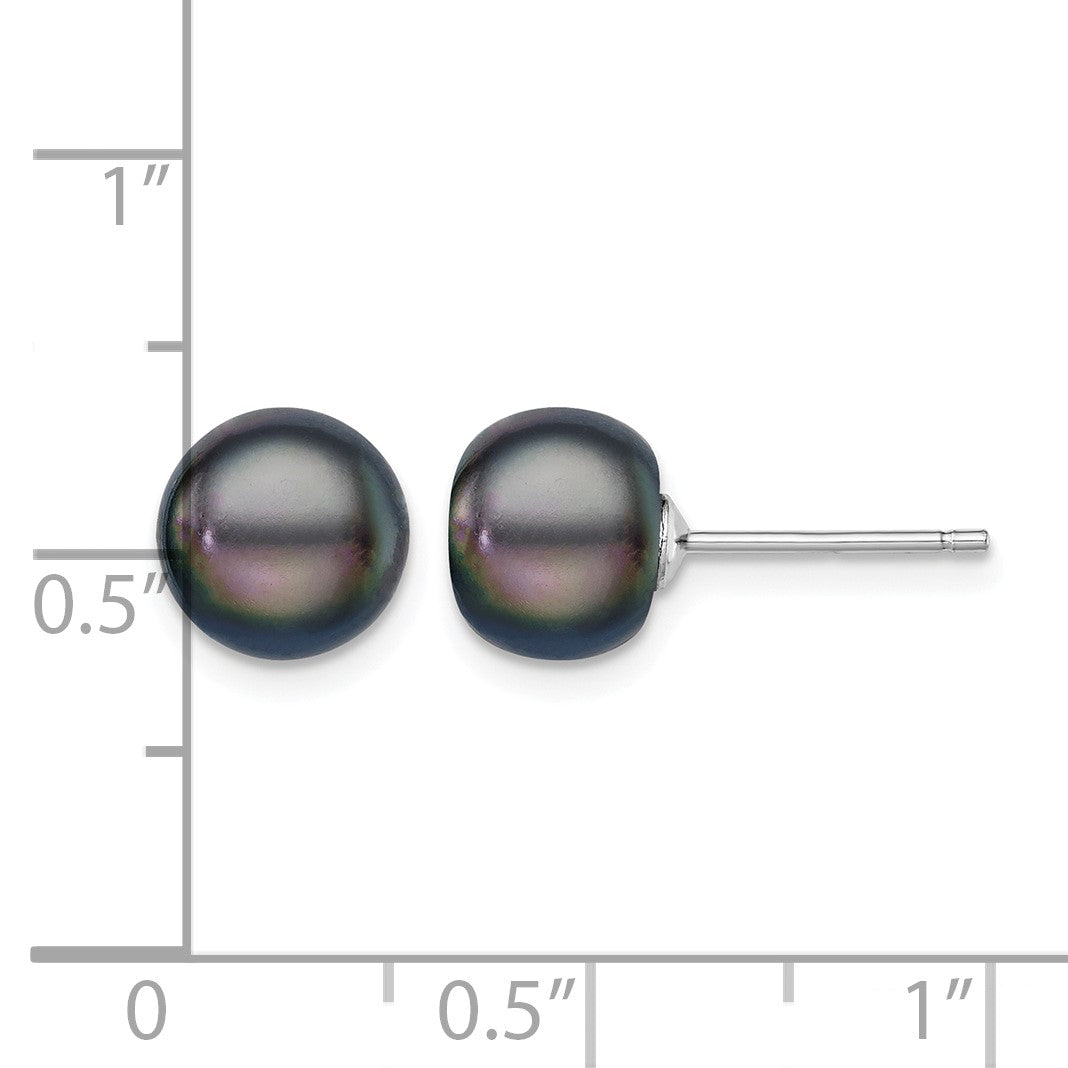 Sterling Silver Rhodium-plated 8-9mm Black Button Freshwater Cultured Pearl Post Earrings