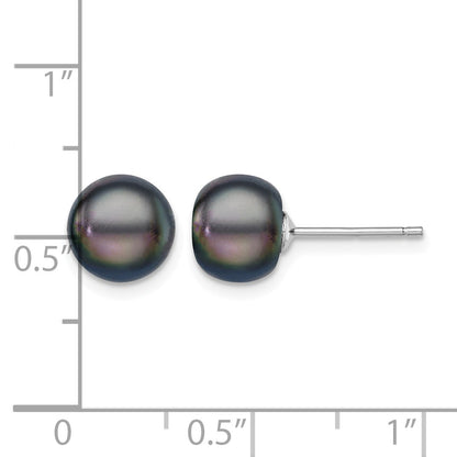 Sterling Silver Rhodium-plated 8-9mm Black Button Freshwater Cultured Pearl Post Earrings