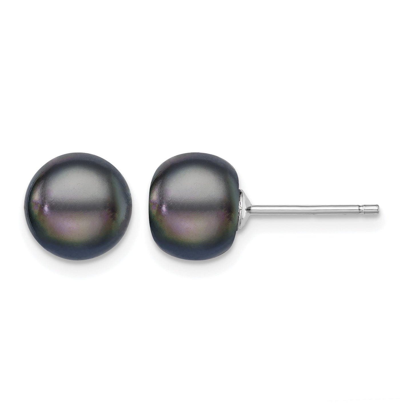 Sterling Silver Rhodium-plated 8-9mm Black Button Freshwater Cultured Pearl Post Earrings