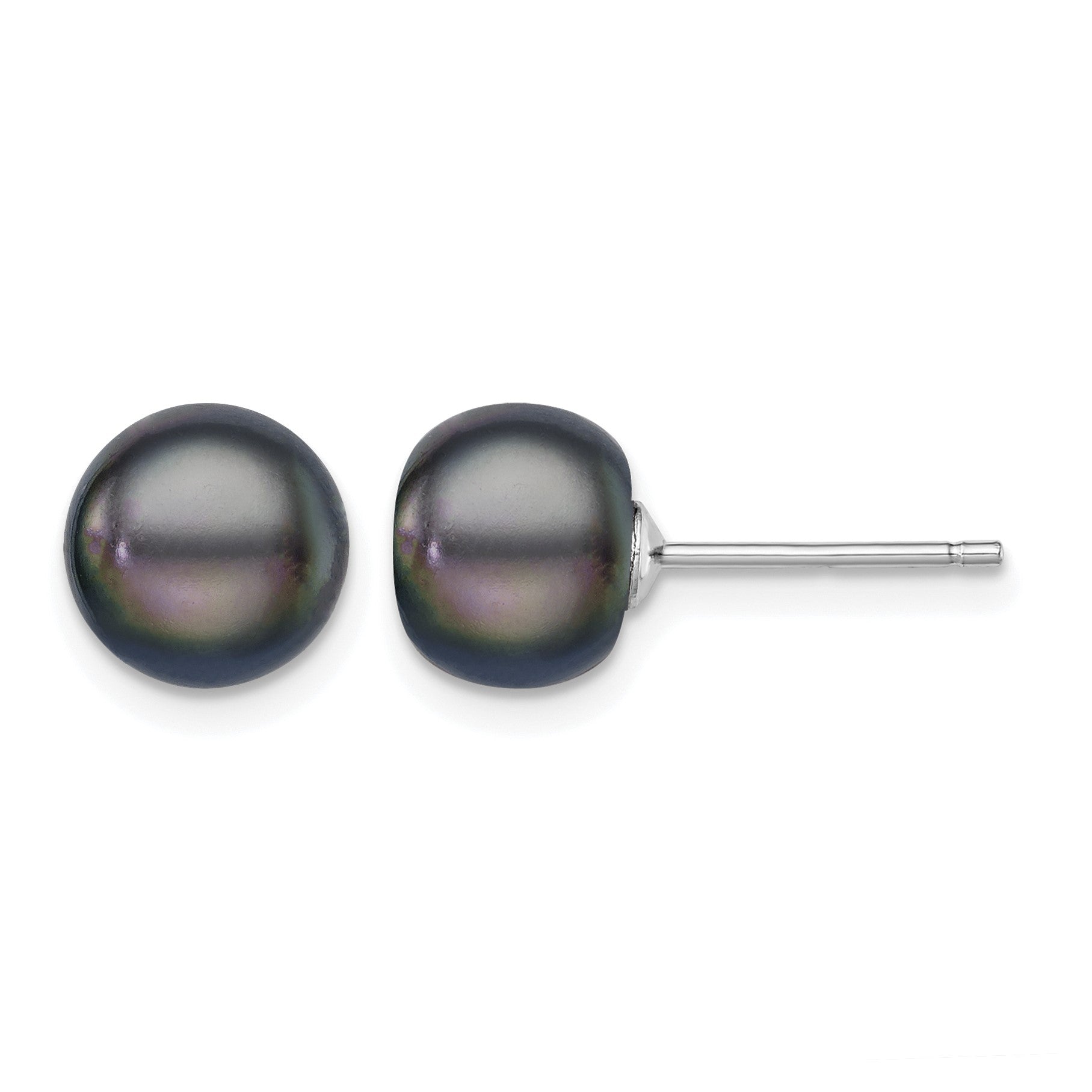 Sterling Silver Rhodium-plated 8-9mm Black Button Freshwater Cultured Pearl Post Earrings