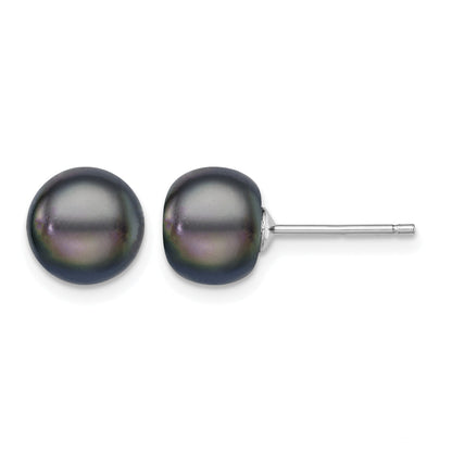 Sterling Silver Rhodium-plated 8-9mm Black Button Freshwater Cultured Pearl Post Earrings