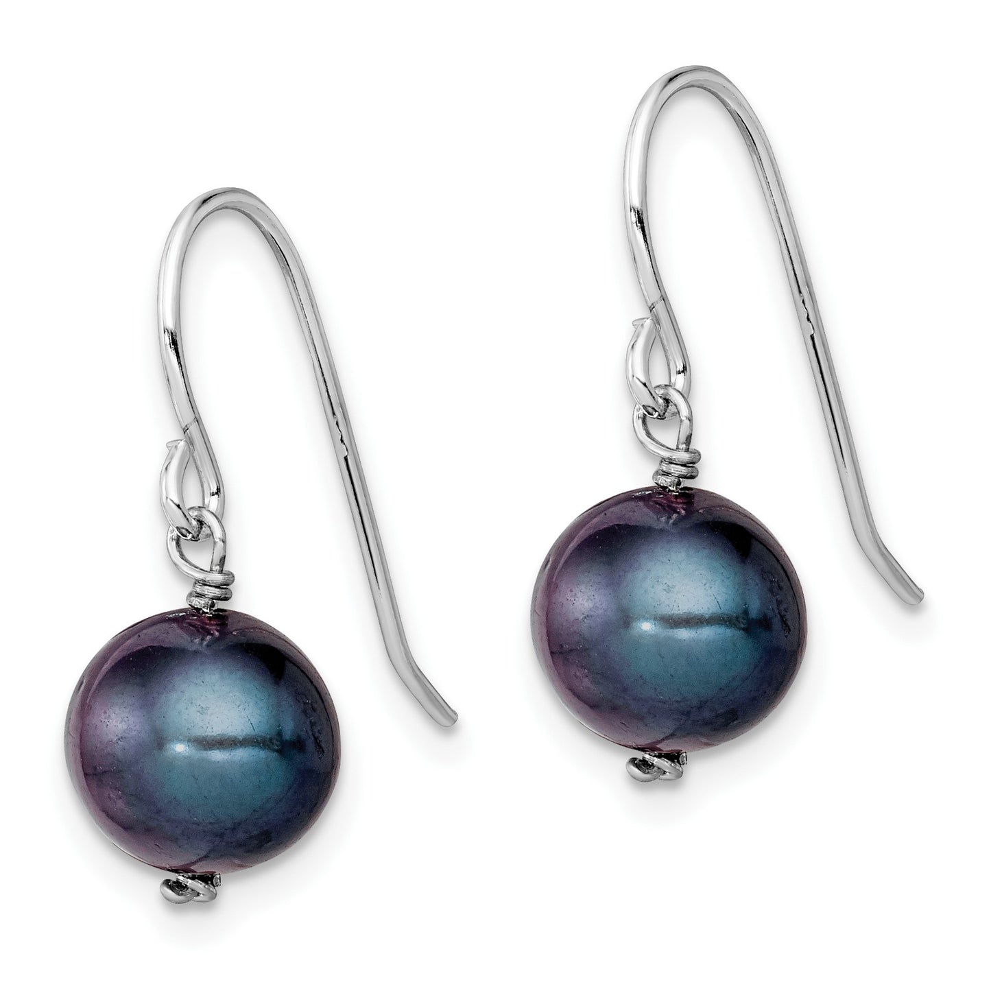 Sterling Silver Rhodium-plated Black 7.5-8.5mm Black Semi-Round Freshwater Cultured Pearl Dangle Earrings