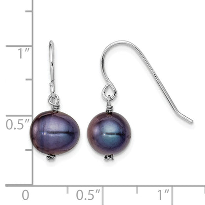 Sterling Silver Rhodium-plated Black 7.5-8.5mm Black Semi-Round Freshwater Cultured Pearl Dangle Earrings