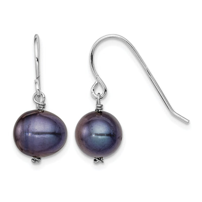 Sterling Silver Rhodium-plated Black 7.5-8.5mm Black Semi-Round Freshwater Cultured Pearl Dangle Earrings