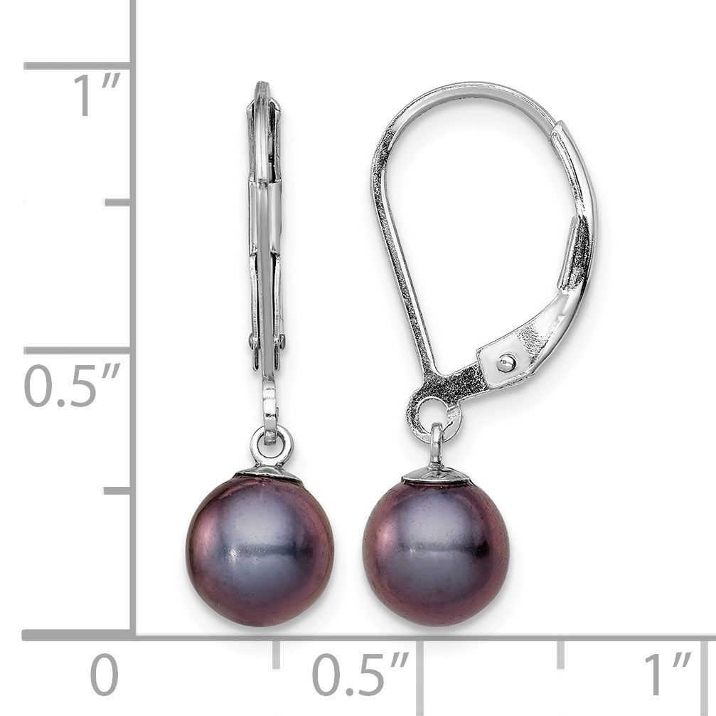 Sterling Silver Rhodium-plated 6-7mm Black Round Freshwater Cultured Pearl Leverback Dangle Earrings