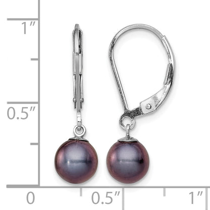 Sterling Silver Rhodium-plated 6-7mm Black Round Freshwater Cultured Pearl Leverback Dangle Earrings