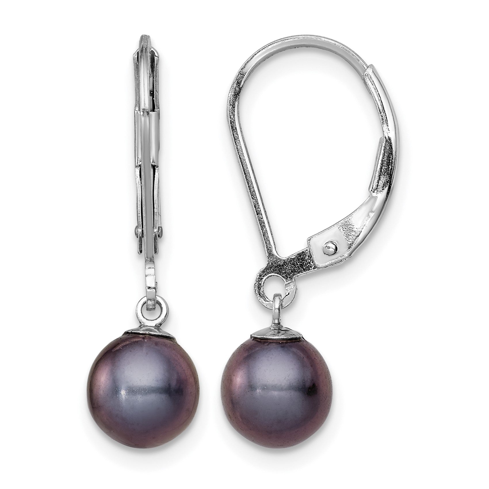 Sterling Silver Rhodium-plated 6-7mm Black Round Freshwater Cultured Pearl Leverback Dangle Earrings