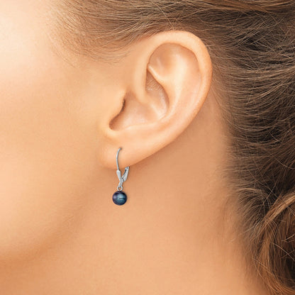 Sterling Silver Rhodium-plated 6-7mm Black Round Freshwater Cultured Pearl Leverback Dangle Earrings
