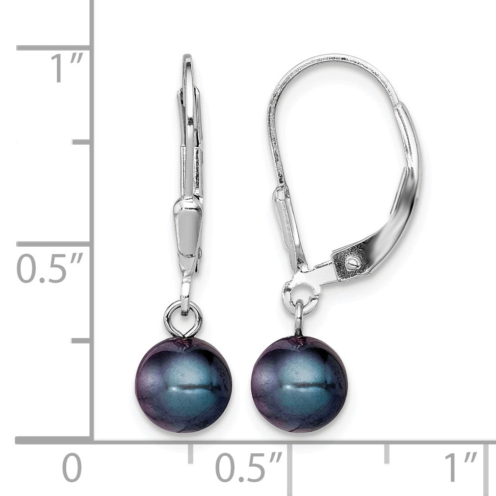 Sterling Silver Rhodium-plated 6-7mm Black Round Freshwater Cultured Pearl Leverback Dangle Earrings
