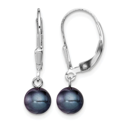 Sterling Silver Rhodium-plated 6-7mm Black Round Freshwater Cultured Pearl Leverback Dangle Earrings