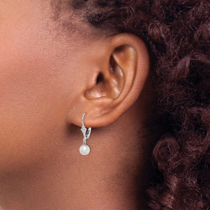 Sterling Silver Rhodium-plated 6-7mm White Round Freshwater Cultured Pearl Leverback Dangle Earrings