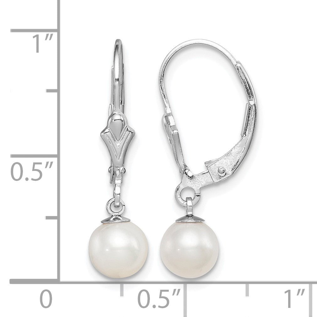 Sterling Silver Rhodium-plated 6-7mm White Round Freshwater Cultured Pearl Leverback Dangle Earrings