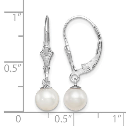 Sterling Silver Rhodium-plated 6-7mm White Round Freshwater Cultured Pearl Leverback Dangle Earrings