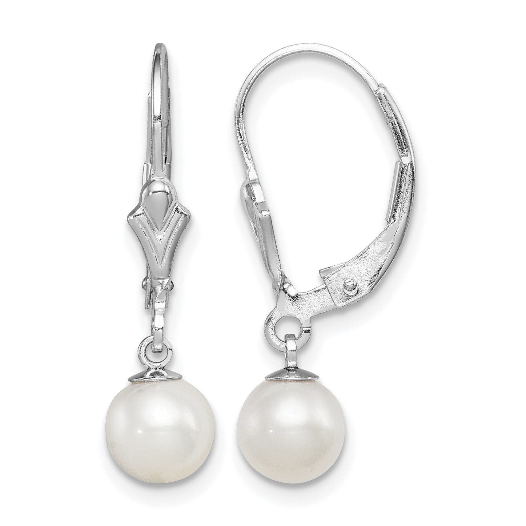 Sterling Silver Rhodium-plated 6-7mm White Round Freshwater Cultured Pearl Leverback Dangle Earrings