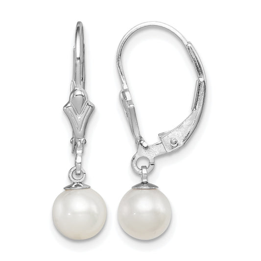 Sterling Silver Rhodium-plated 6-7mm White Round Freshwater Cultured Pearl Leverback Dangle Earrings