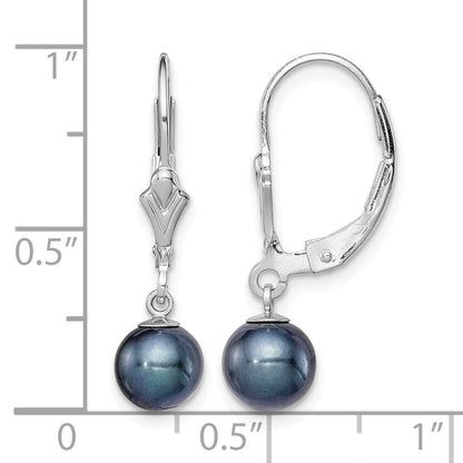 Sterling Silver Rhodium-plated 6-7mm Black Round Freshwater Cultured Pearl Leverback Dangle Earrings