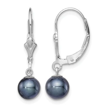 Sterling Silver Rhodium-plated 6-7mm Black Round Freshwater Cultured Pearl Leverback Dangle Earrings
