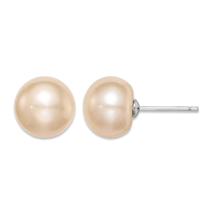 Sterling Silver Rhodium-plated 10-11mm Pink Button Freshwater Cultured Pearl Post Earrings