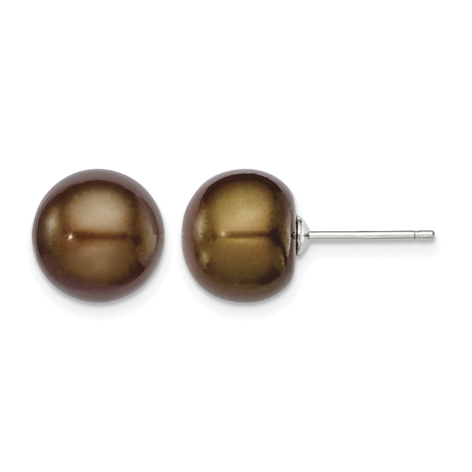 Sterling Silver Rhodium-plated 10-11mm Brown Button Freshwater Cultured Pearl Post Earrings