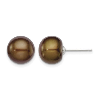 Sterling Silver Rhodium-plated 10-11mm Brown Button Freshwater Cultured Pearl Post Earrings