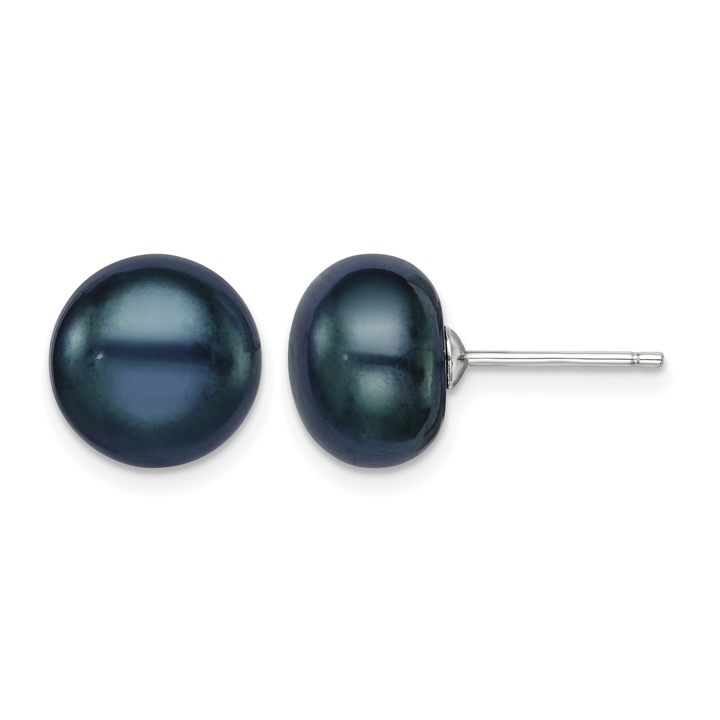 Sterling Silver Rhodium-plated 10-11mm Black Button Freshwater Cultured Pearl Post Earrings
