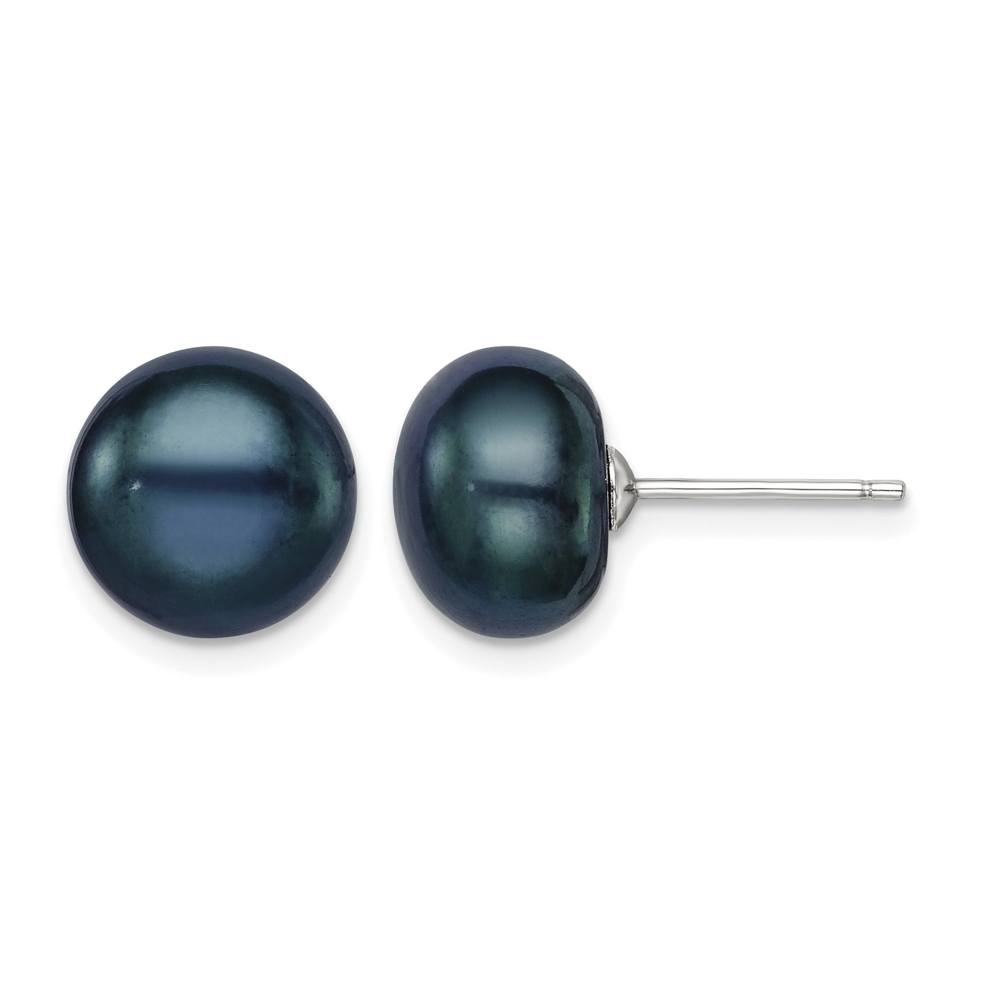 Sterling Silver Rhodium-plated 10-11mm Black Button Freshwater Cultured Pearl Post Earrings