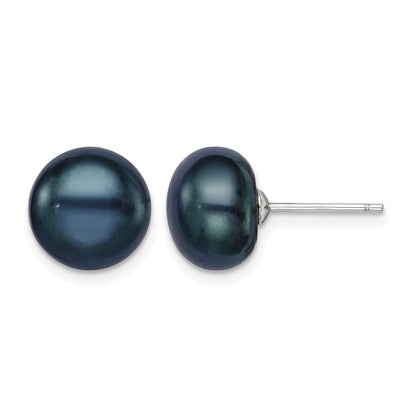 Sterling Silver Rhodium-plated 10-11mm Black Button Freshwater Cultured Pearl Post Earrings