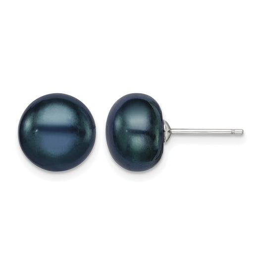 Sterling Silver Rhodium-plated 10-11mm Black Button Freshwater Cultured Pearl Post Earrings