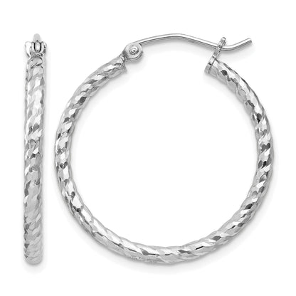 Sterling Silver Rhodium Plated Diamond-cut 2x25mm Hoop Earrings