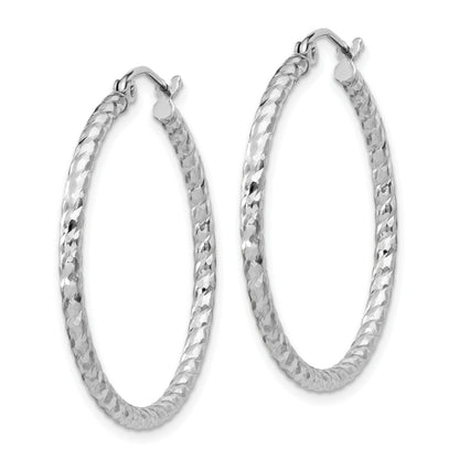 Sterling Silver Rhodium Plated Diamond-cut 2x30mm Hoop Earrings