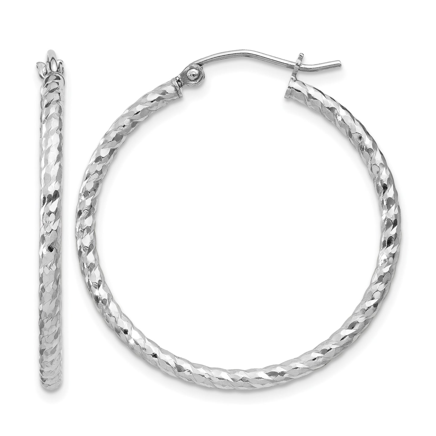 Sterling Silver Rhodium Plated Diamond-cut 2x30mm Hoop Earrings