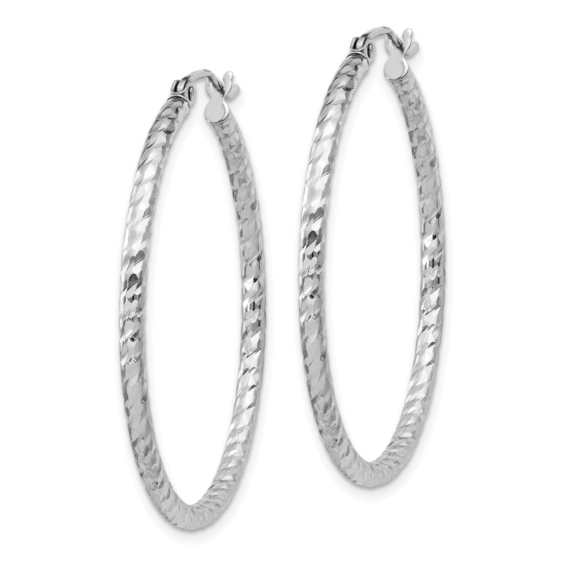 Sterling Silver Rhodium Plated Diamond-cut 2x35mm Hoop Earrings