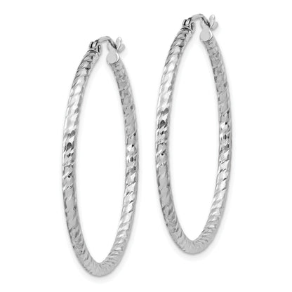 Sterling Silver Rhodium Plated Diamond-cut 2x35mm Hoop Earrings