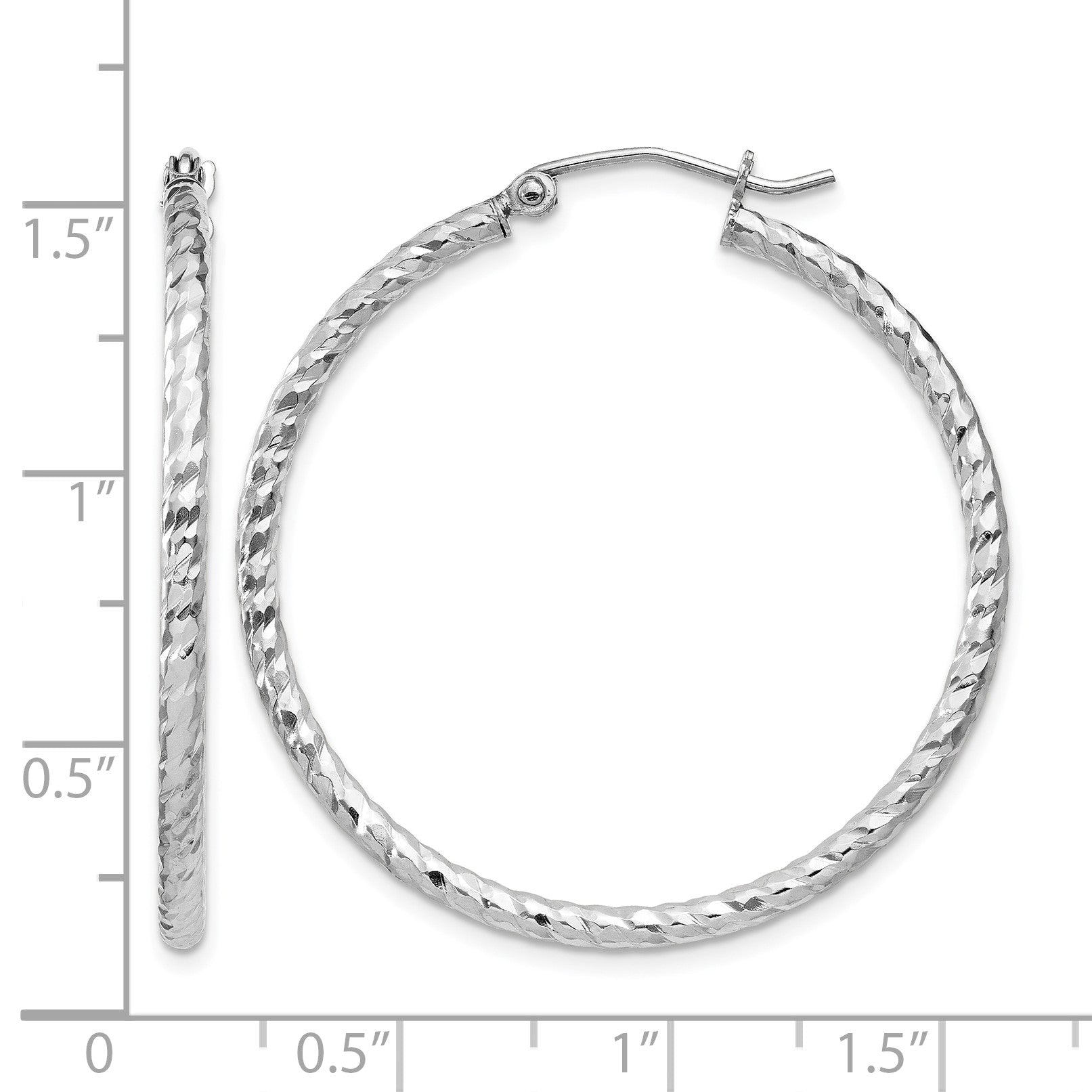 Sterling Silver Rhodium Plated Diamond-cut 2x35mm Hoop Earrings
