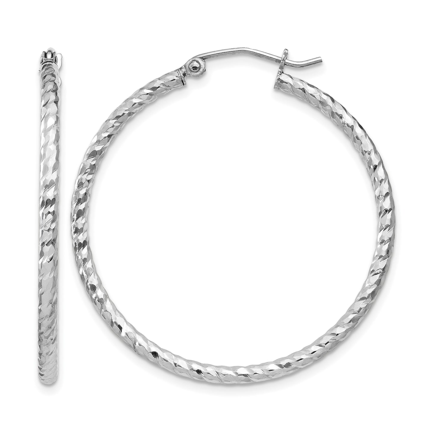 Sterling Silver Rhodium Plated Diamond-cut 2x35mm Hoop Earrings