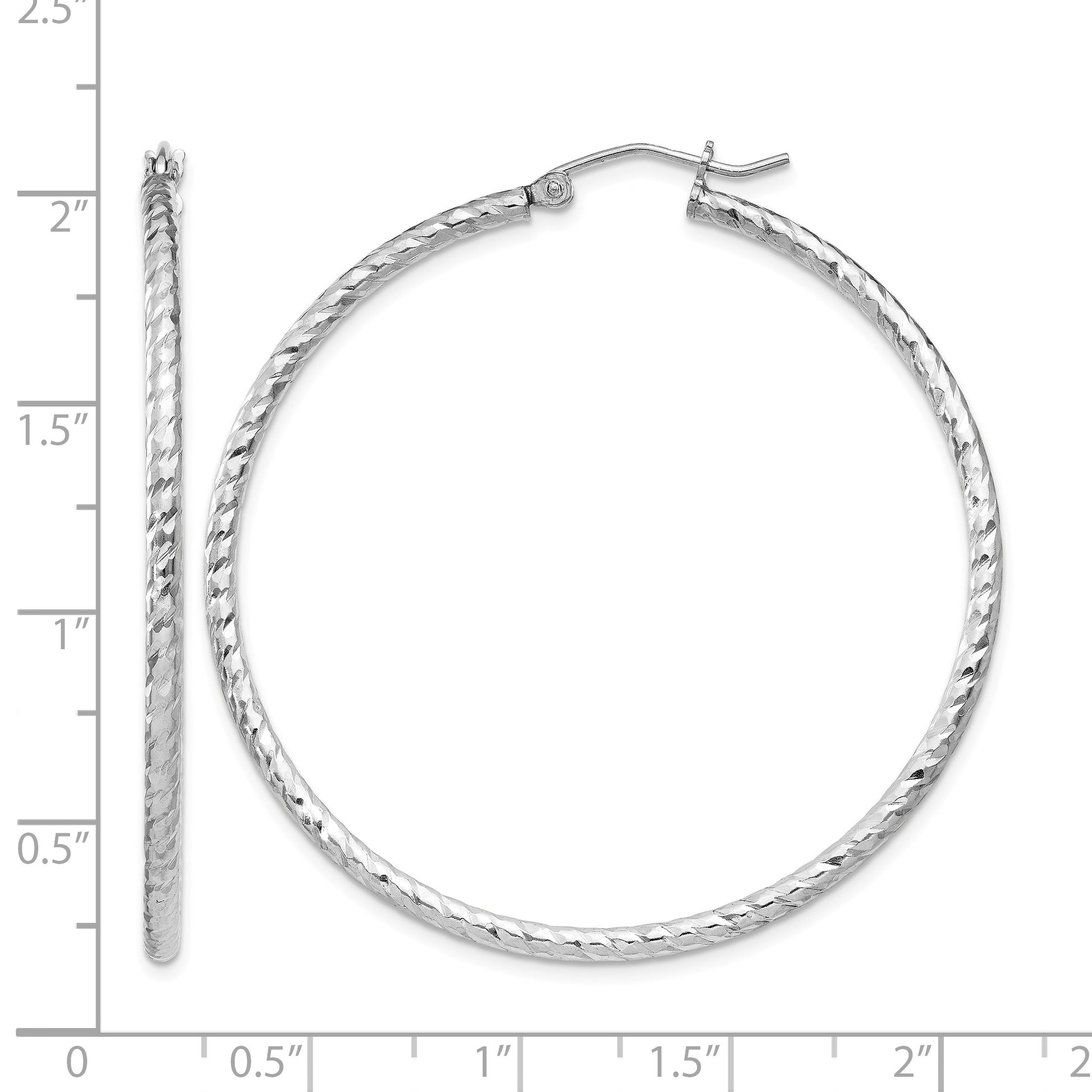 Sterling Silver Rhodium Plated Diamond-cut 2x45mm Hoop Earrings