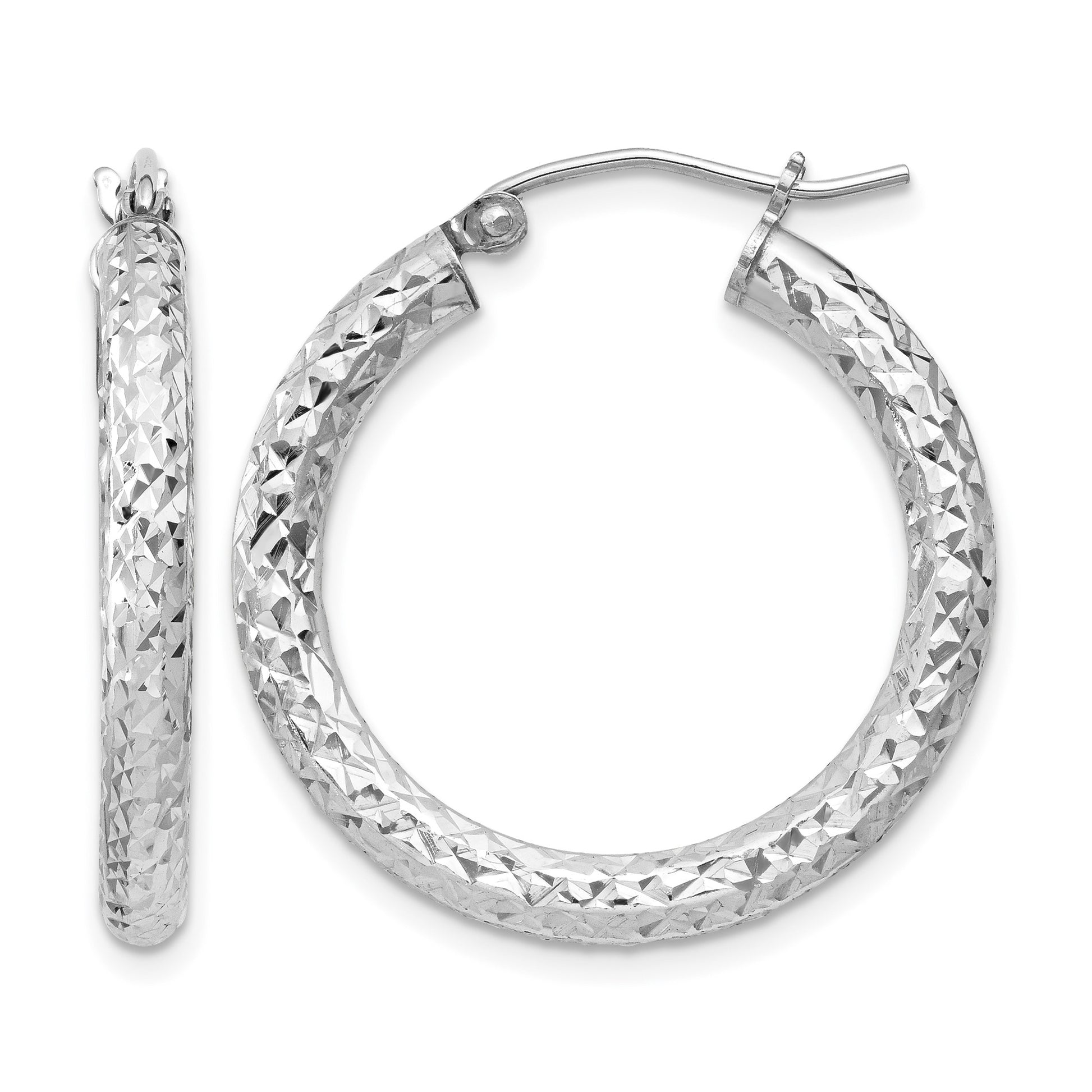 Sterling Silver Rhodium-plated D/C 3x25mm Hoop Earrings